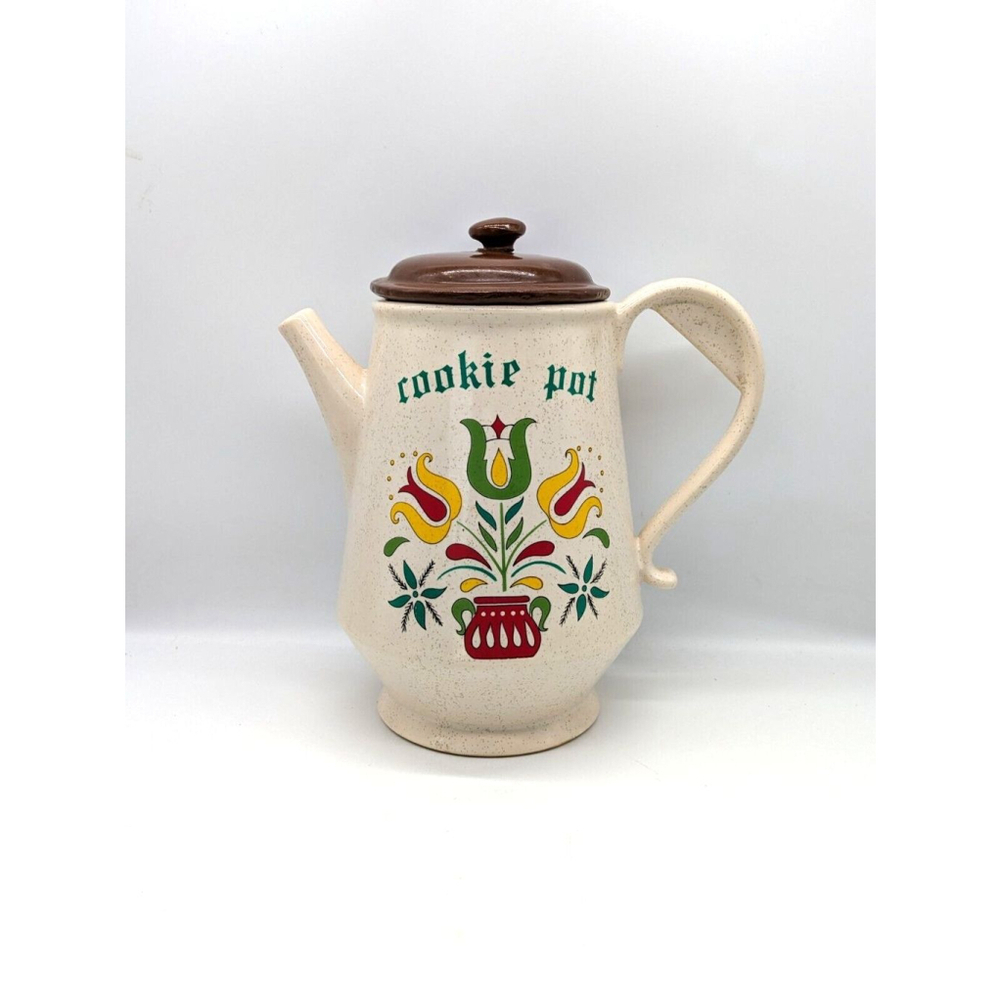 Vintage McCOY Tea/coffee Pot COOKIE JAR Tulips Flowers replaced lid "marriage"